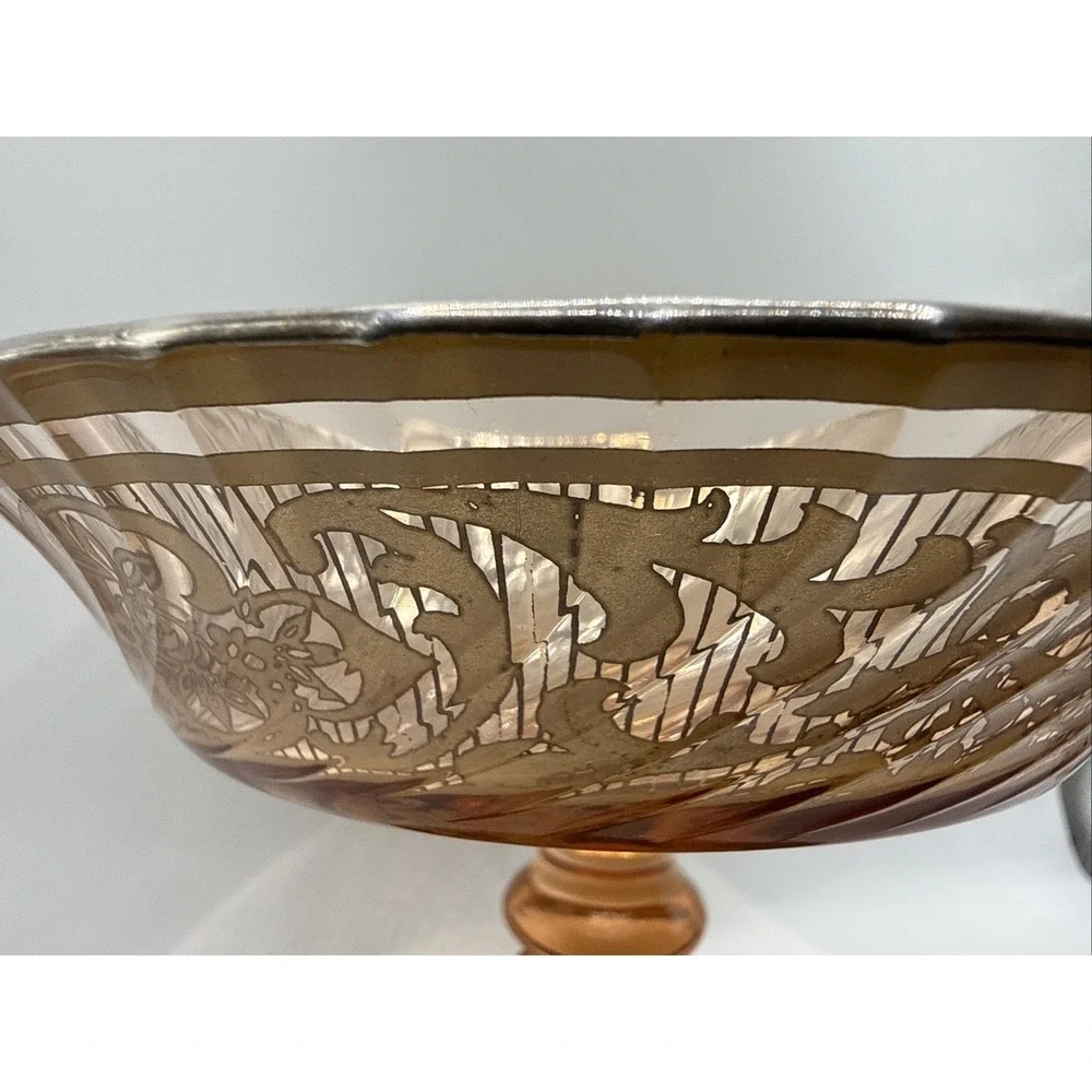 Vintage Fostoria Royal Style Amber Etched Glass Compote Or Candy Footed Bowl